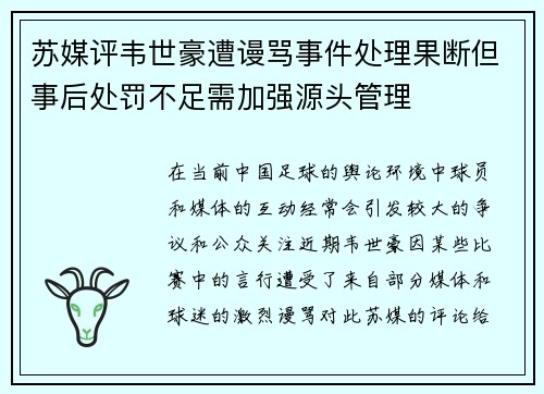苏媒评韦世豪遭谩骂事件处理果断但事后处罚不足需加强源头管理
