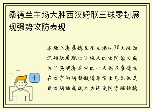 桑德兰主场大胜西汉姆联三球零封展现强势攻防表现